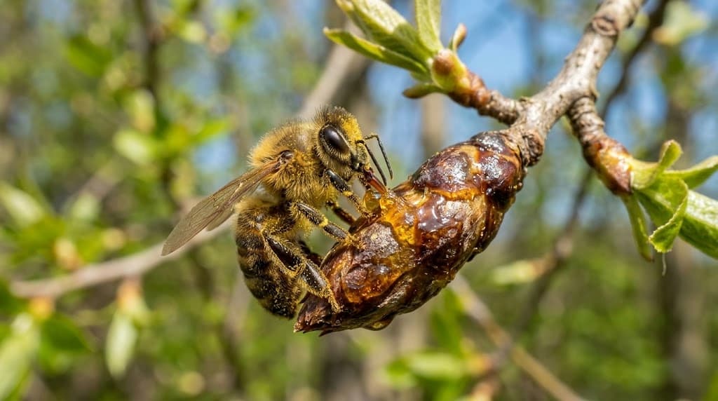 Abeille récolte de la propolis sur un bourgeon de peuplier